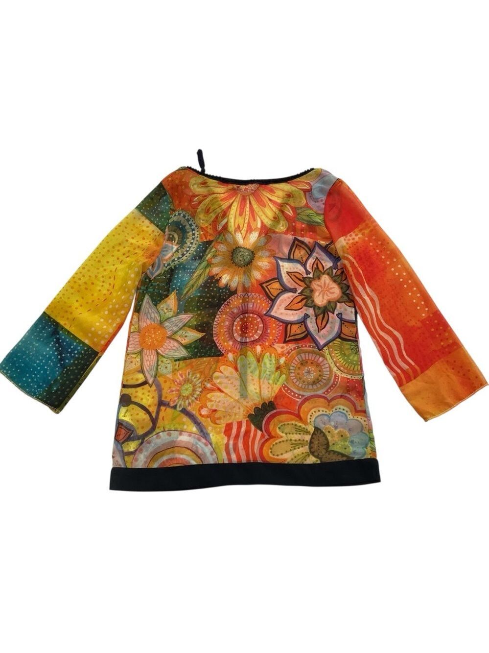 Desigual sheer festive top 3/4 sleeves floral Pom Pom V neckline orange yellow - Picture 5 of 16
